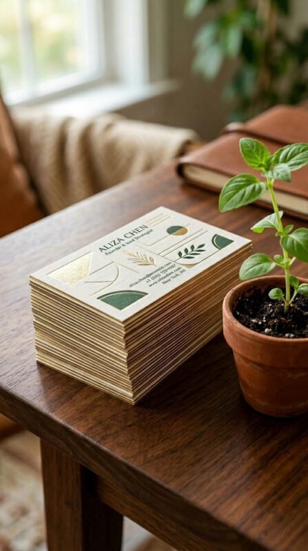 Premium textured linen business cards with metallic highlights for professional agri-business branding.