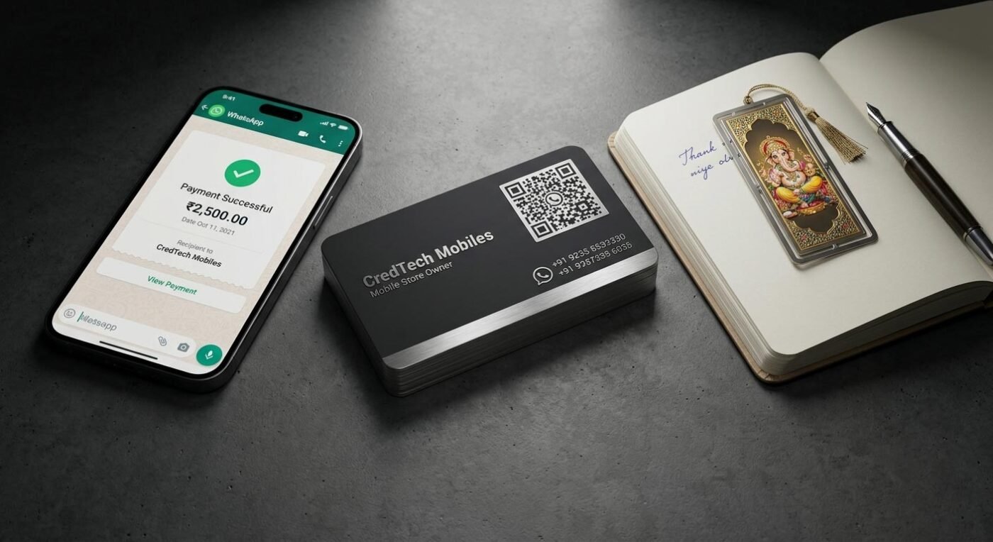 A heavy-duty matte business card for a mobile store featuring a WhatsApp Business QR code and premium desk accessories