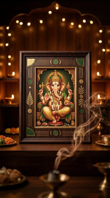 Elegant synthetic wood God photo frame of Lord Ganesha placed in a beautifully lit home mandir.