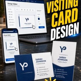 A vibrant thumbnail showcasing a personalized visiting card on premium stock with a laptop background, illustrating how to create a design instantly online with WhatsYourPrint.