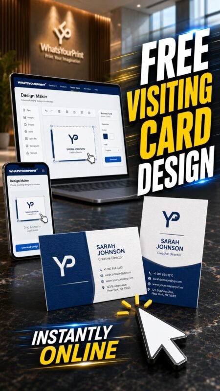 A vibrant thumbnail showcasing a personalized visiting card on premium stock with a laptop background, illustrating how to create a design instantly online with WhatsYourPrint.