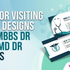 A sleek infographic thumbnail showing premium visiting card designs for MBBS and MD doctors against a medical background.