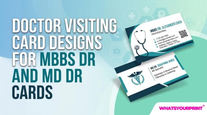 A sleek infographic thumbnail showing premium visiting card designs for MBBS and MD doctors against a medical background.