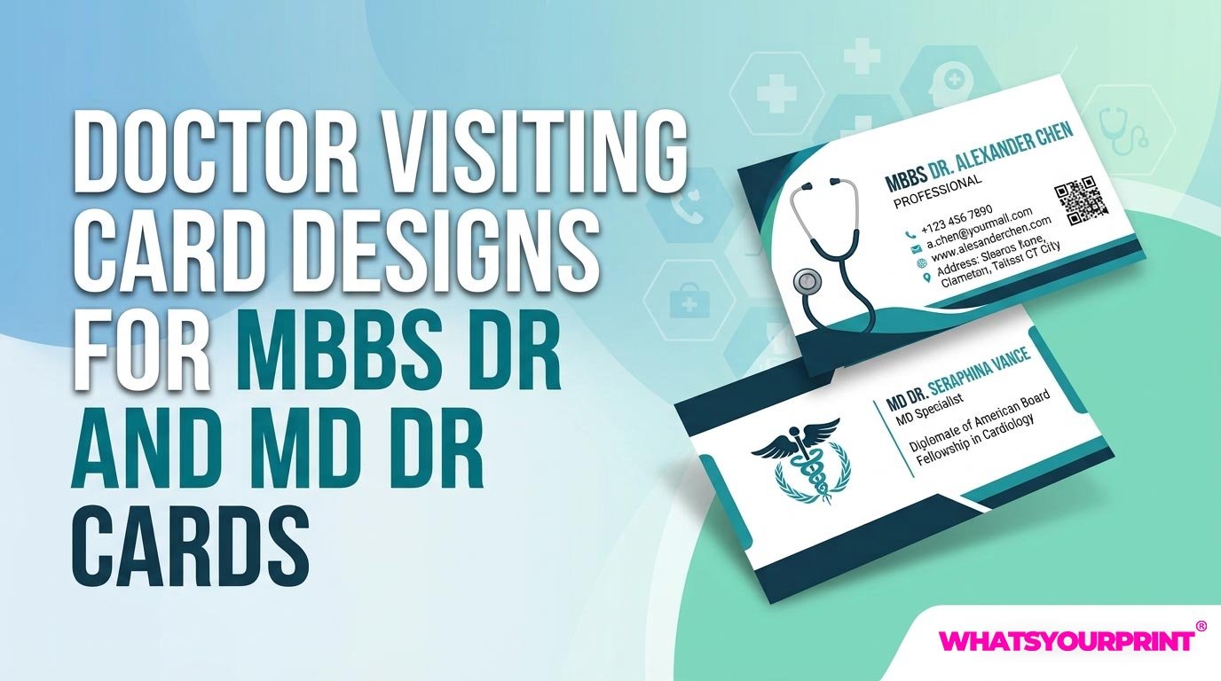 A sleek infographic thumbnail showing premium visiting card designs for MBBS and MD doctors against a medical background.