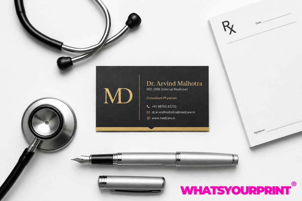 A clean flat lay of a consultant physician's MD visiting card next to a stethoscope and pen.