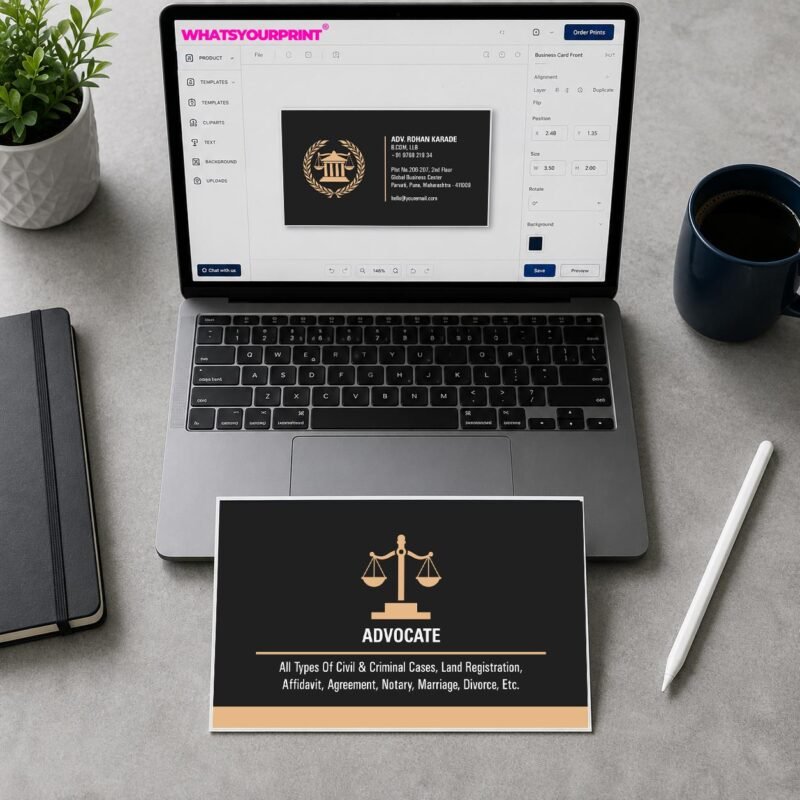 A sleek, horizontal business card design for a corporate consultant being edited on a laptop.