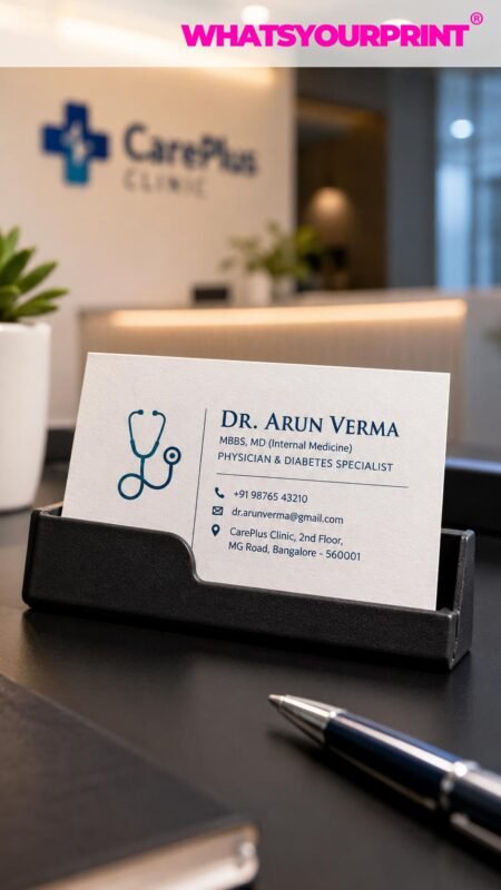 A premium matte-finish visiting card for an MBBS doctor with a professional stethoscope icon on a clinic desk.
