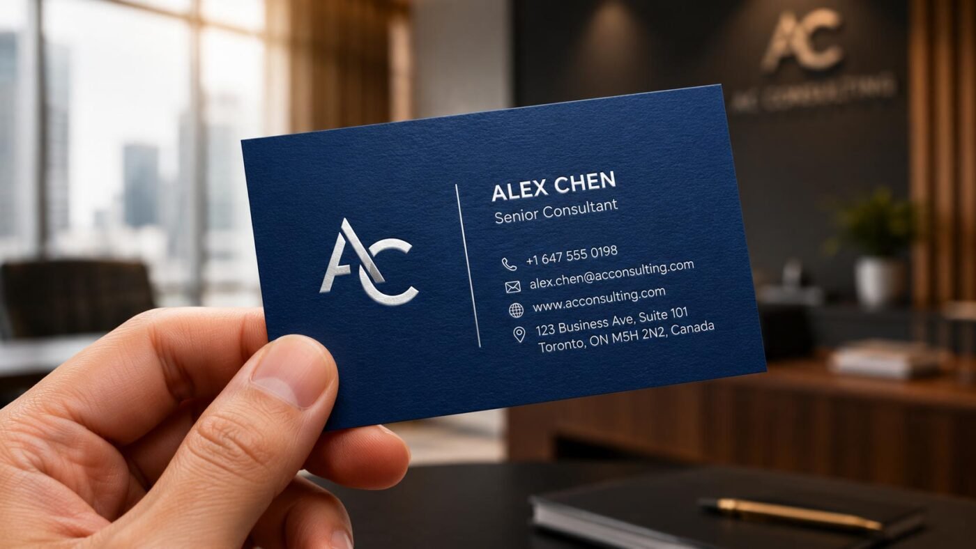 A close-up shot of a professional consultant visiting card with a clean design, printed on thick 320 GSM paper and held by a hand.