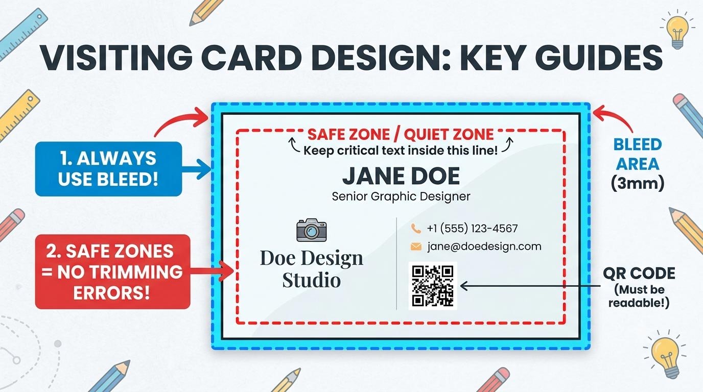 Vector illustration showing safe text zones and bleed lines for a standard visiting card design template.