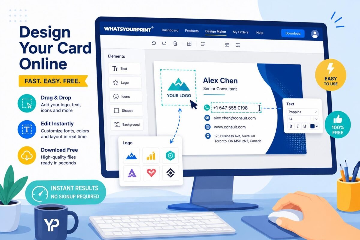 A vector illustration showing a user creating a professional visiting card design online for free using the WhatsYourPrint maker platform.