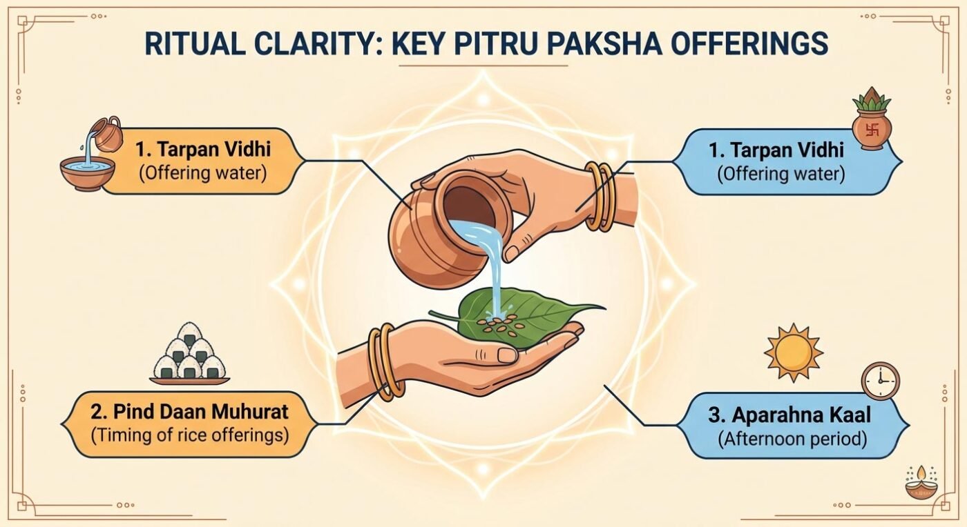 A vector infographic illustrating the core rituals of Tarpan Vidhi and Pind Daan Muhurat during Pitru Paksha.