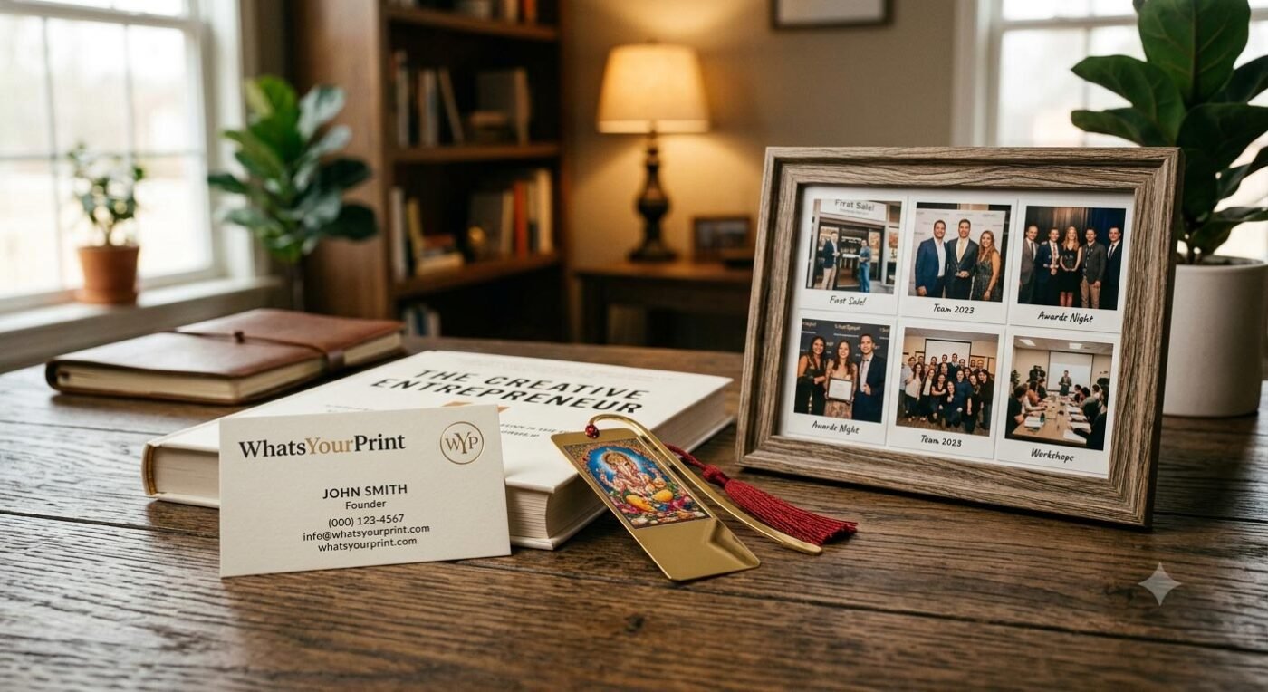 A professional brand set by WhatsYourPrint featuring a business card, an elegant bookmark god photo frame, and a collage photo frame.