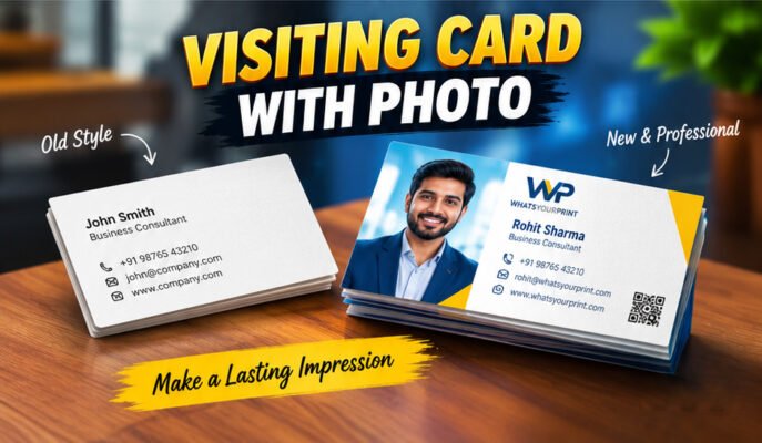 A high-impact 1:1 ratio featured image and YouTube thumbnail showing a comparison of a plain business card versus a custom visiting card with photo by Whatsyourprint.