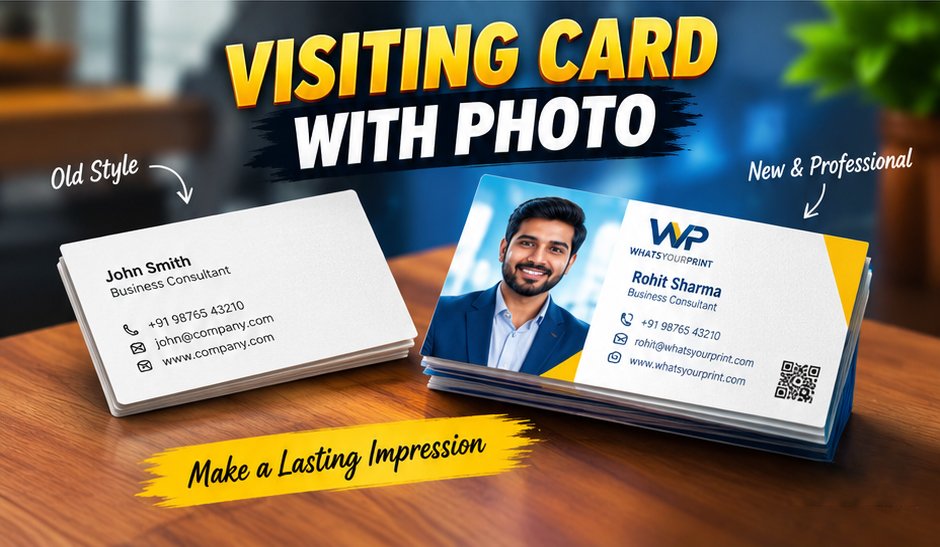 A high-impact 1:1 ratio featured image and YouTube thumbnail showing a comparison of a plain business card versus a custom visiting card with photo by Whatsyourprint.