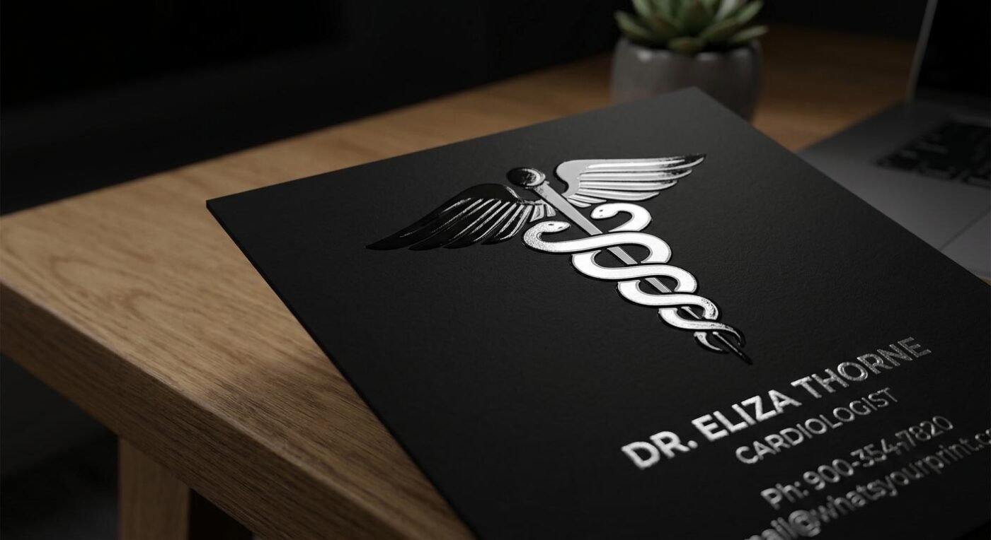 Extreme close-up of a matte black business card with high-gloss UV spot finish and silver foil stamping.