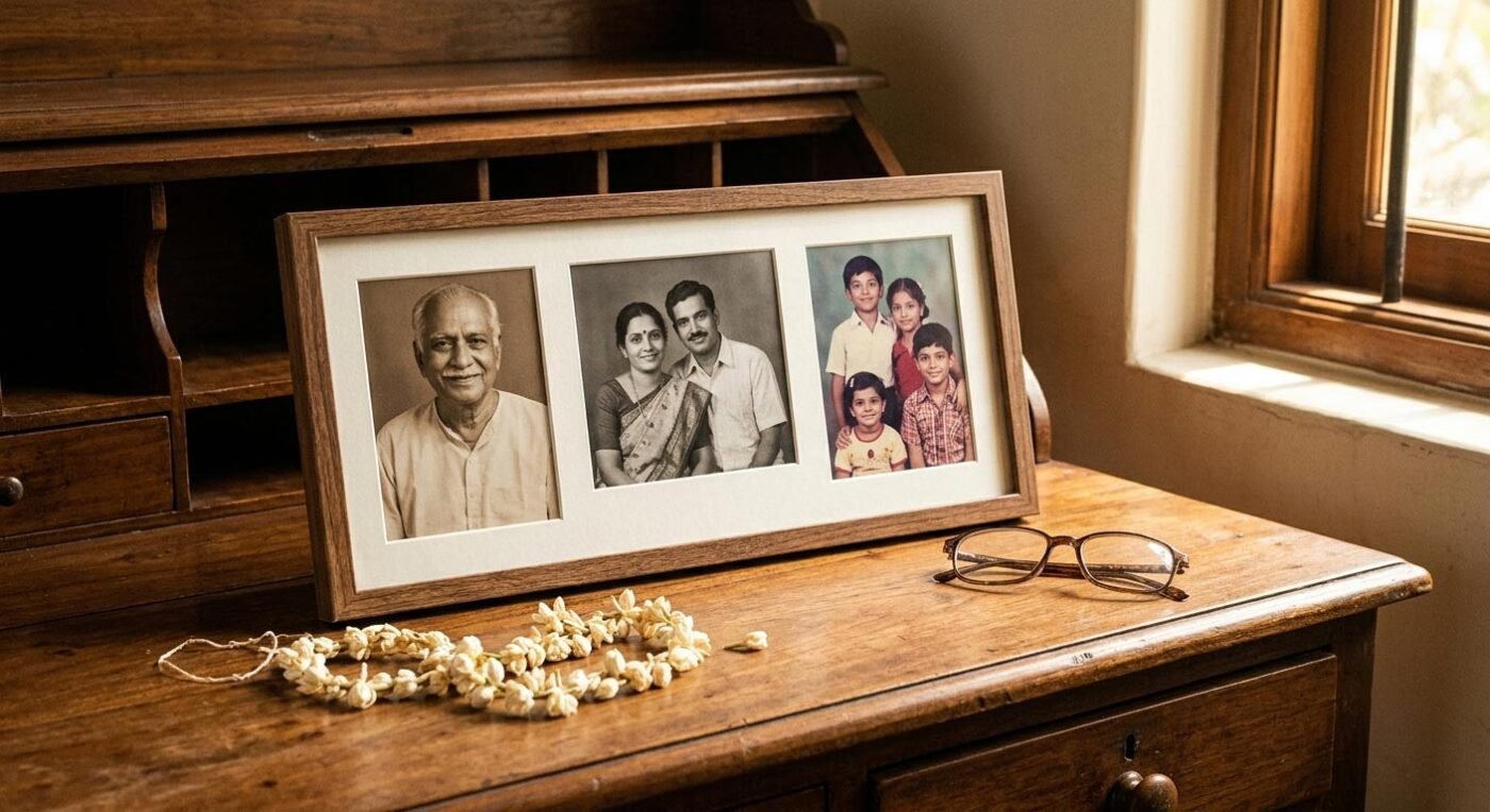 A beautiful, rustic multi-photo collage frame filled with family photographs of ancestors, resting on a wooden desk.