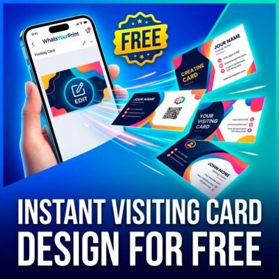 Dynamic illustration showing how to create a free business card instantly online with WhatsYourPrint.