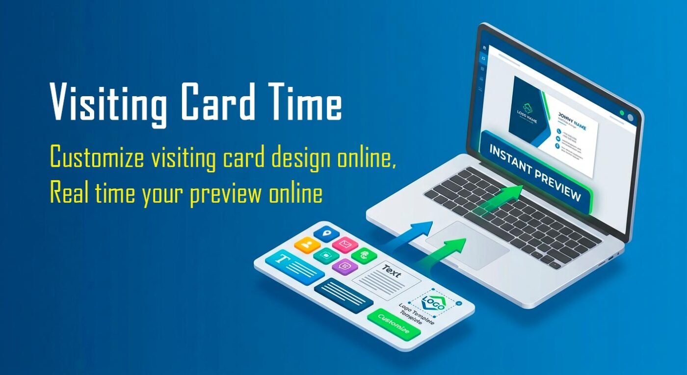 Isometric visualization of designing a business card instantly online.