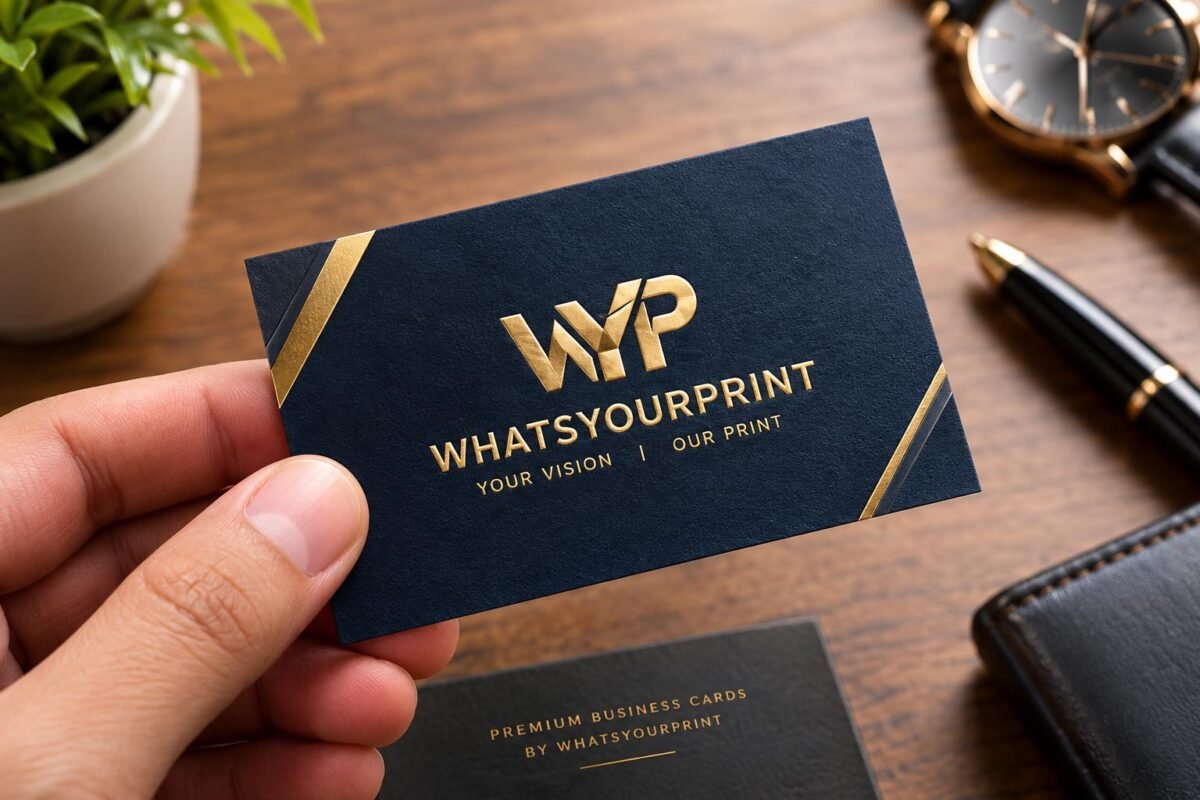 Close-up of a person holding a WhatsYourPrint business card featuring raised gold foil design and premium velvet texture.