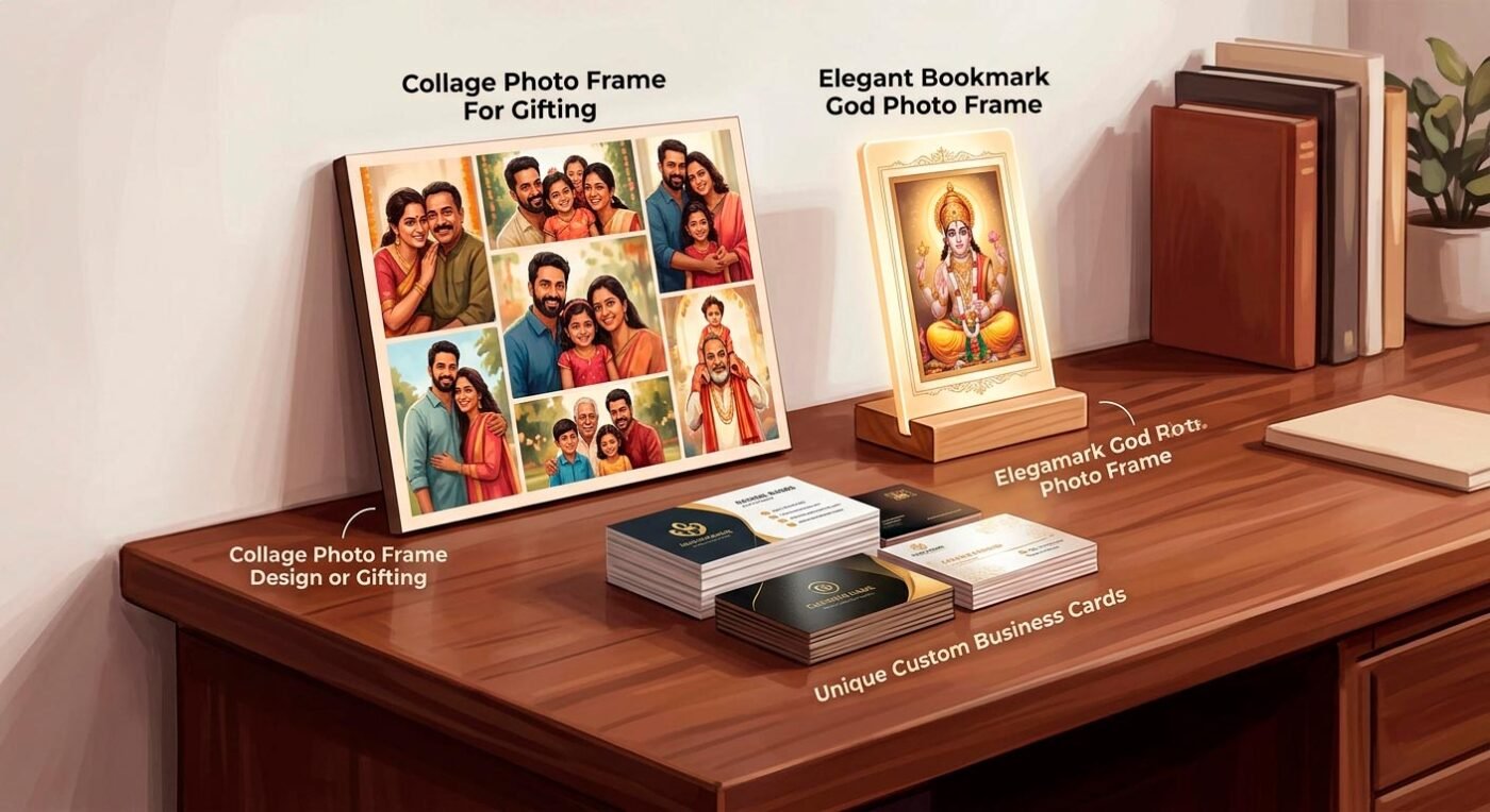 A display showing custom business cards, a collage photo frame, and a bookmark God photo frame.