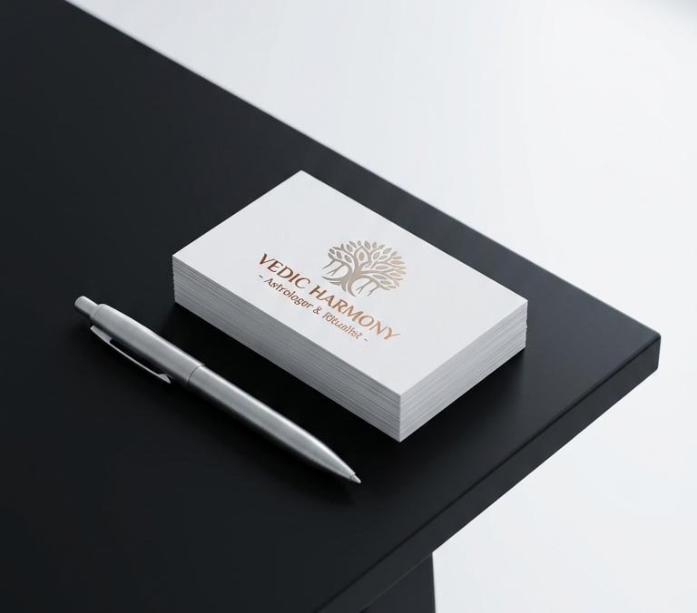 A stack of custom standard visiting cards with a professional spiritual design and copper foil accents.