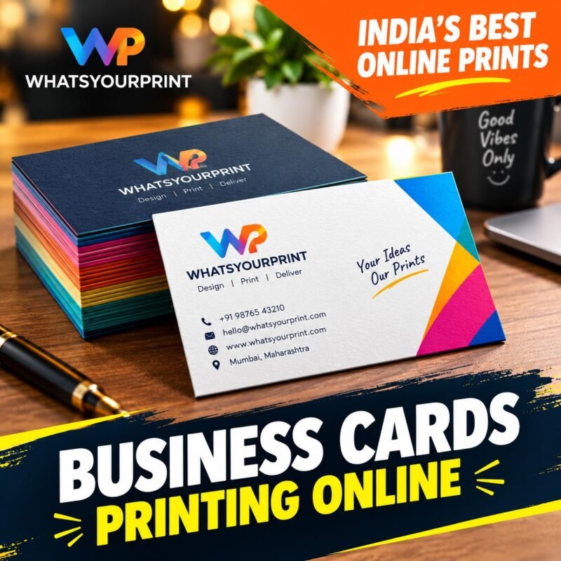 A vibrant 1:1 square image featuring premium WhatsYourPrint business cards and the text 'BUSINESS CARDS PRINTING ONLINE'