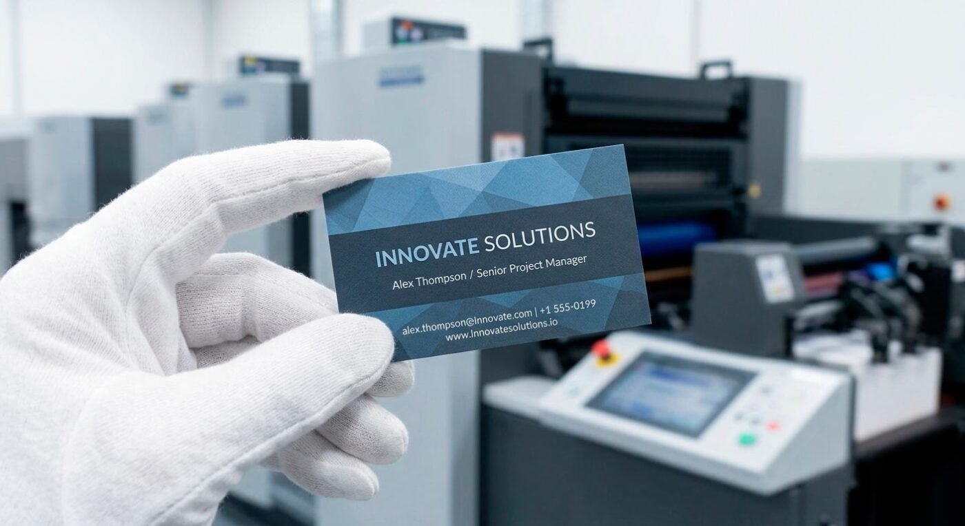Quality inspection of a sharply printed professional visiting card from a digital press.