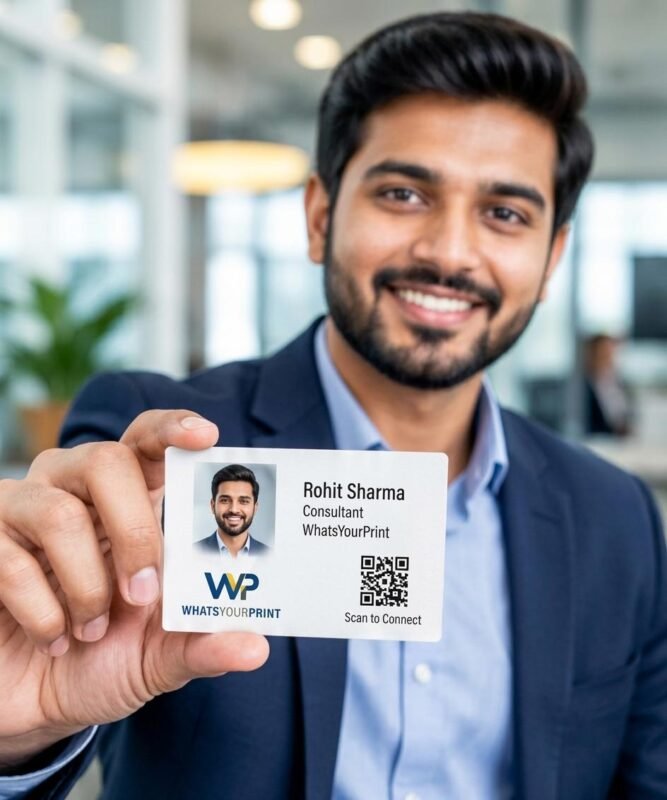 A smiling professional displaying their custom visiting card with photo and a QR code, printed by Whatsyourprint.
