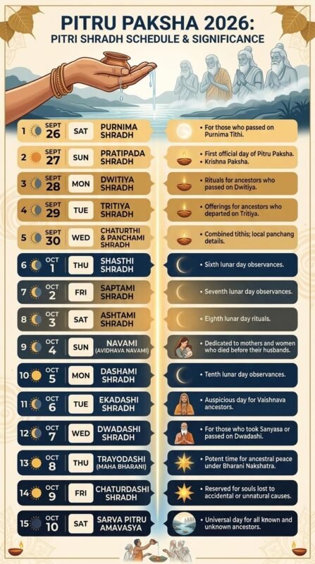 Infographic displaying the complete 2026 Pitru Paksha Shraddh schedule, dates, tithis, and their spiritual significance.