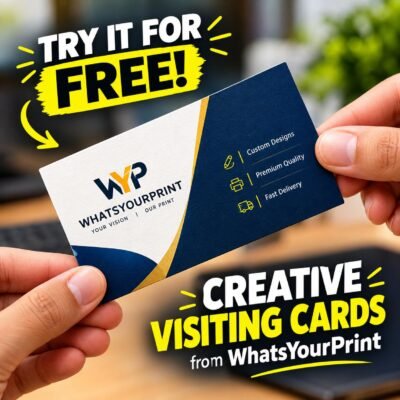 A high-contrast square image with vibrant colors showing a hand holding a modern business card, featuring the bold text "TRY IT FOR FREE!" and "CREATIVE VISITING CARDS."