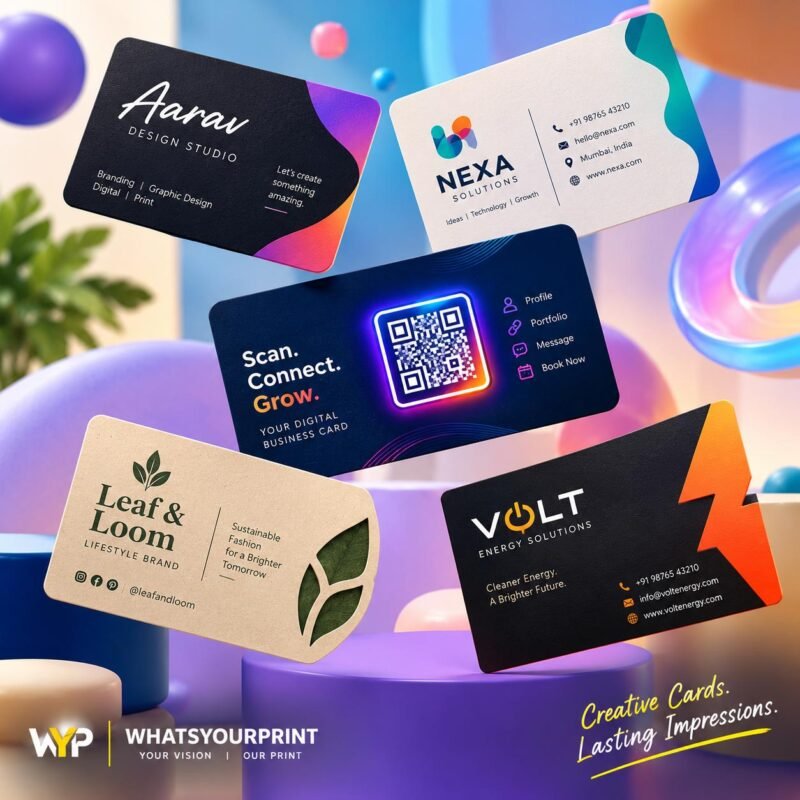 Vibrant 3D rendering of unique, custom-shaped business cards floating dynamically to showcase creative design ideas.