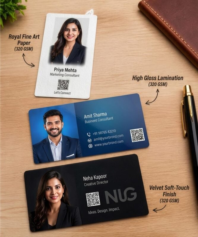 A collection of photo business card templates showcasing portrait and horizontal layouts on various premium paper stocks and finishes.