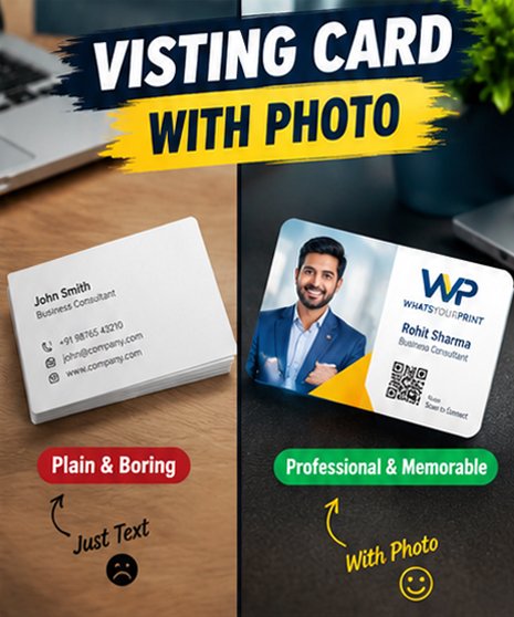 A complete corporate stationery suite by Whatsyourprint, including personalized visiting cards with photo, a collage photo frame, and a bookmark god photo frame.