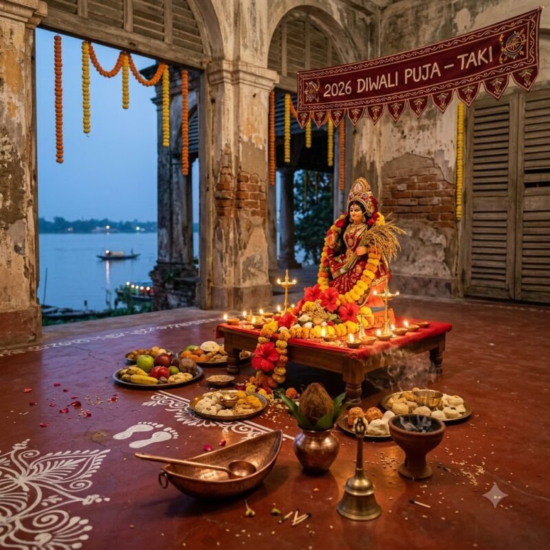 Traditional Lakshmi Puja setup with glowing diyas and alpana designs by the Ichamati River in Taki for 2026 Diwali.