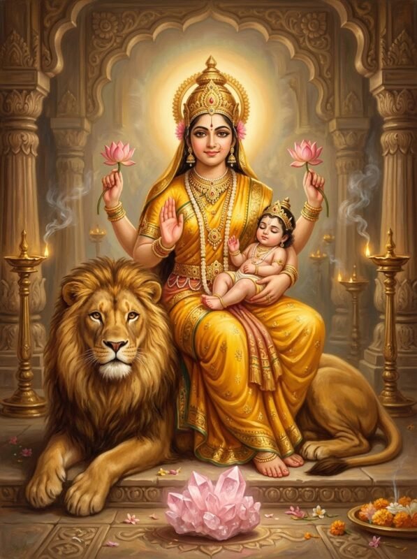 An elegant illustration of Goddess Skandamata in yellow, celebrating the 5th day of Navratri.