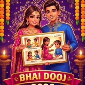 Bhai Dooj 2026 celebration featuring a brother and sister holding a personalized photo frame by WhatsYourPrint.