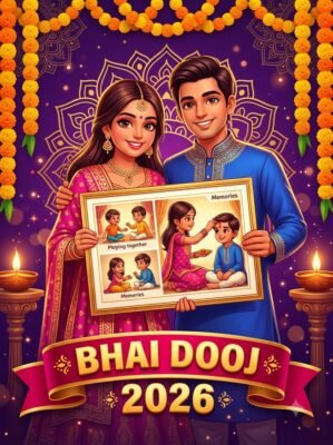 Bhai Dooj 2026 celebration featuring a brother and sister holding a personalized photo frame by WhatsYourPrint.