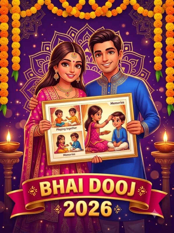 Bhai Dooj 2026 celebration featuring a brother and sister holding a personalized photo frame by WhatsYourPrint.