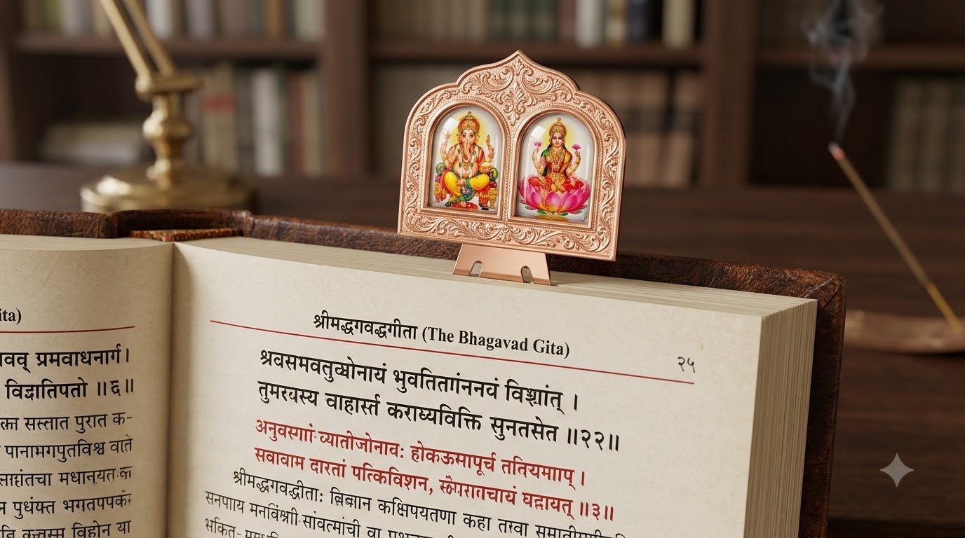 A close-up 3D render of a detailed WhatsYourPrint Book Mark God Photo Frame featuring Lakshmi and Ganesha, placed inside an open, leather-bound religious book, with soft study lighting.