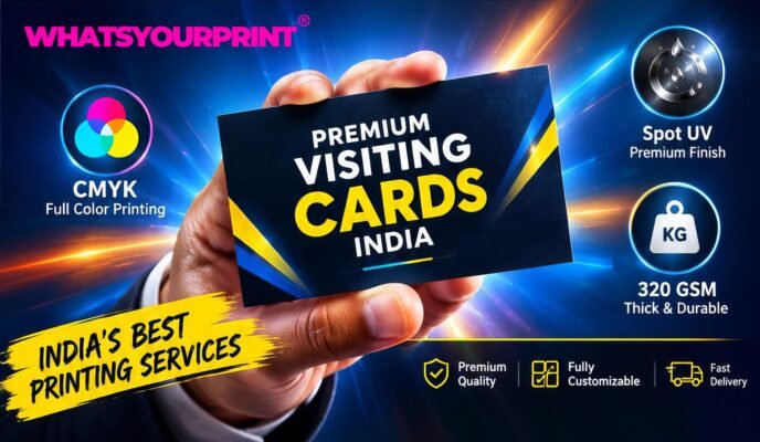 An attractive featured image graphic showing a premium business card being presented, highlighting India's best business card printing services.