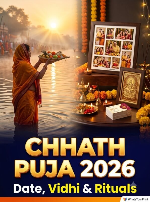 Chhath Puja 2026 date, vidhi, and four-day rituals banner with WhatsYourPrint custom photo frames and business stationery.