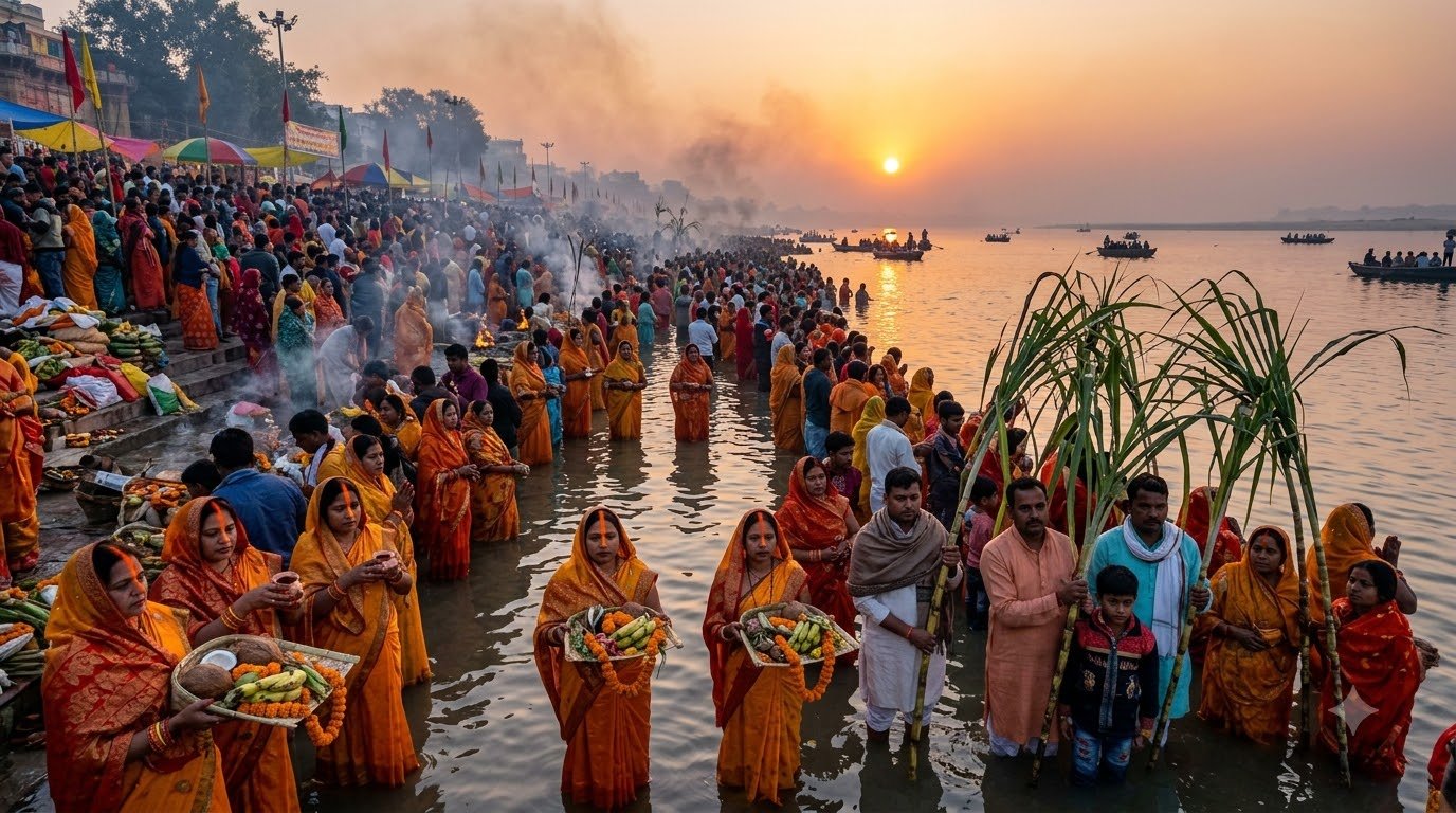 Hundreds of devotees offering Usha Arghya at sunrise during Chhath Puja 2026 on the Ganges riverbank.
