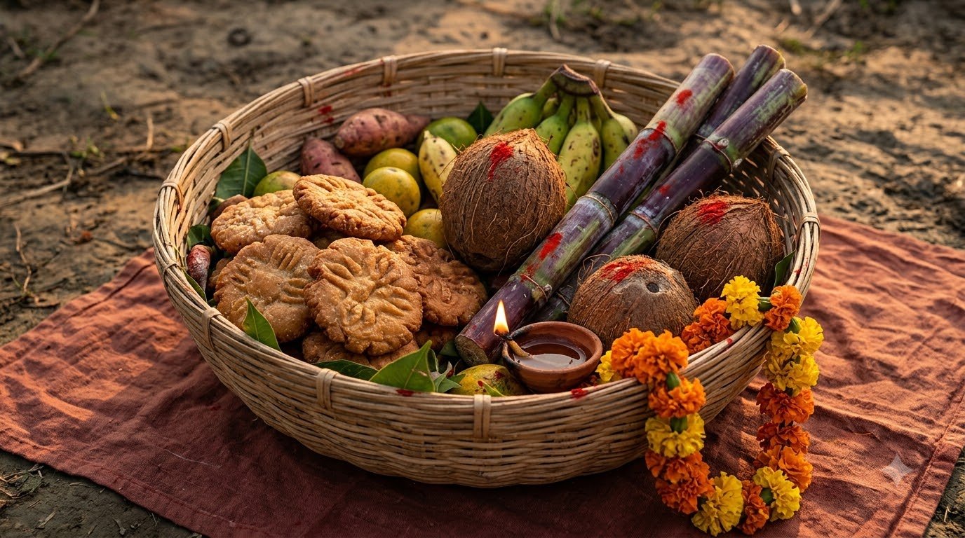 A close-up of a traditional bamboo basket filled with sacred Chhath Puja offerings including thekua and fruits.