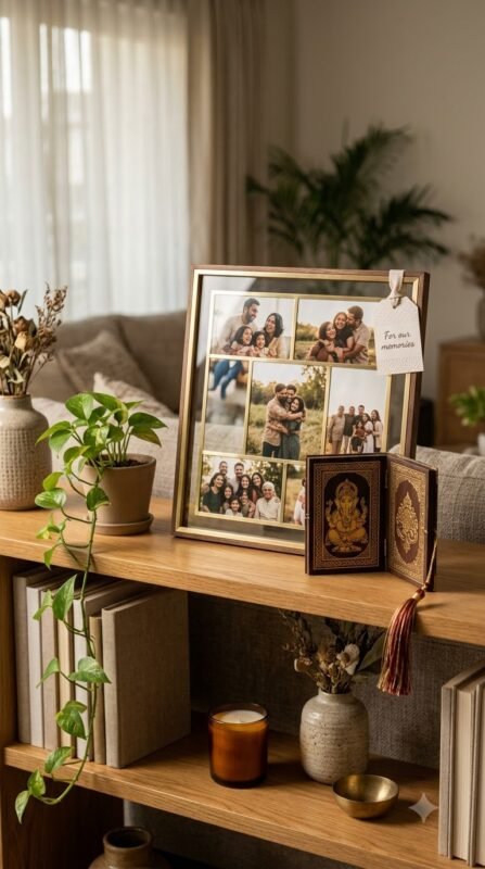 Elegant collage photo frame for gifting and book mark god photo frame displayed in a modern home interior.