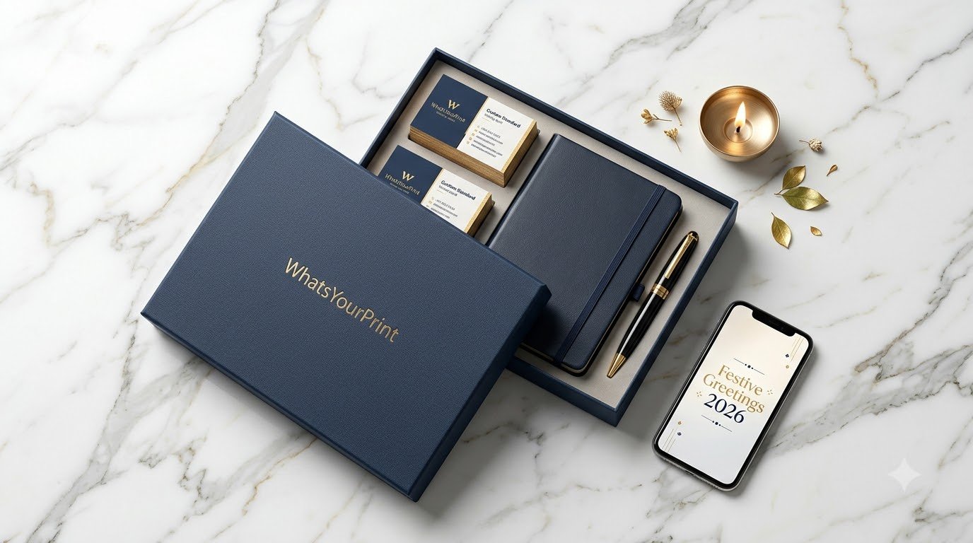 A top-down shot of a sophisticated corporate gift set on a marble surface, featuring a stack of WhatsYourPrint Custom Standard Visiting Cards and a elegant gift box, prepared for Diwali 2026.