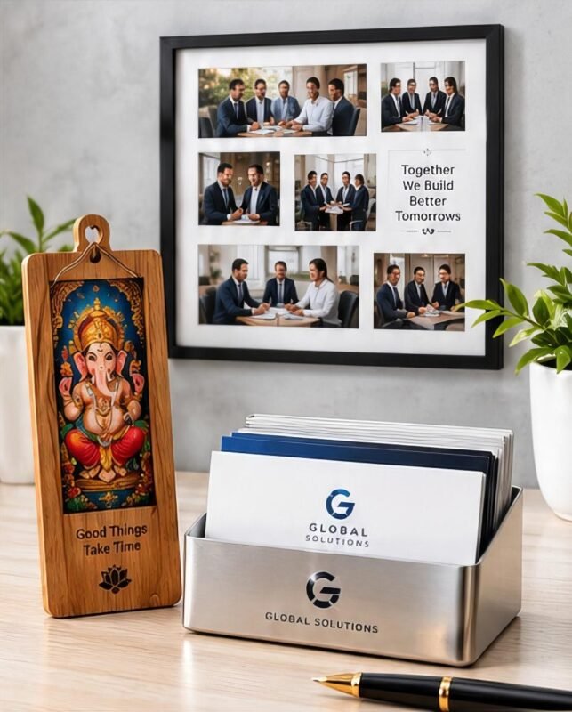 A curated collection of custom corporate gifts in India, including printed business cards, a Book Mark God Photo Frame, and a Collage Photo Frame.