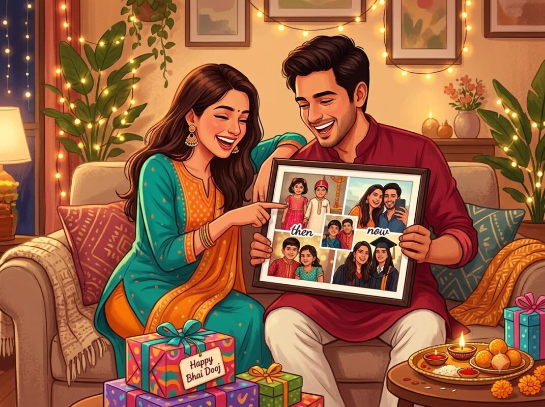 Siblings laughing while looking at a custom collage photo frame gifted for Bhai Dooj.
