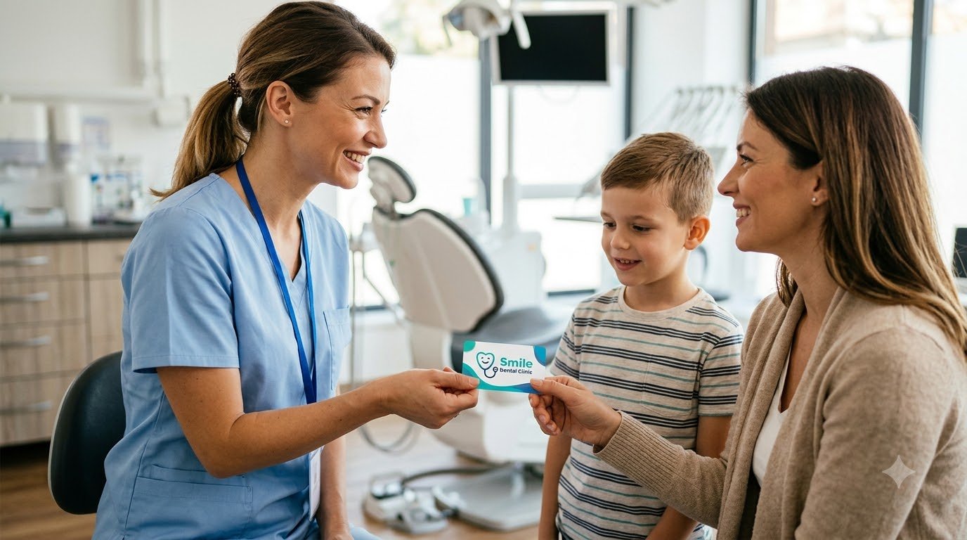 A smiling dentist handing a custom visiting card with a tooth logo to a patient.