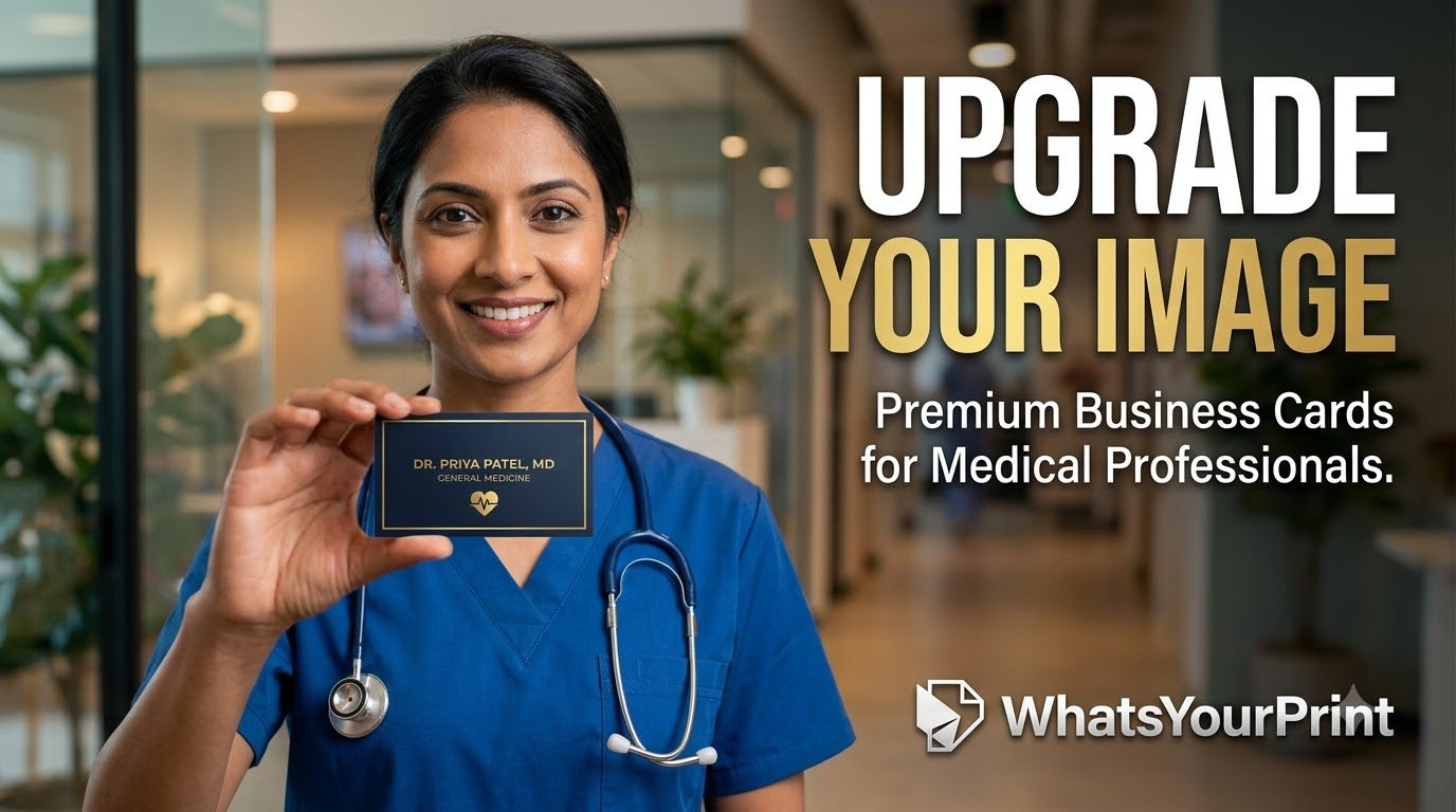 A smiling doctor holding up a custom business card with the WhatsYourPrint brand logo.