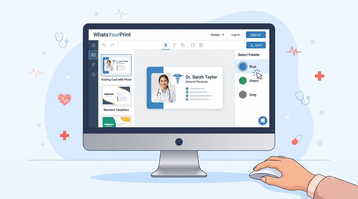 Illustration showing the free online editor on WhatsYourPrint for custom doctor business cards templates.